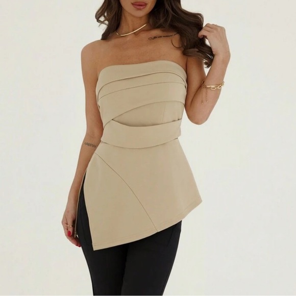 Beige tube top with asymmetrical split hem - Picture 2 of 5